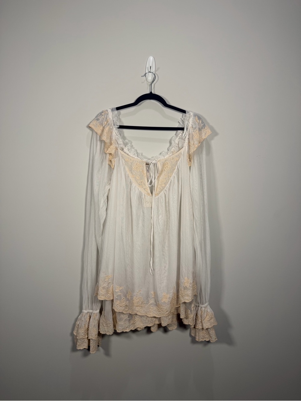 NWT Free People Ivory Embroidered Mesh Tunic M Bell Sleeve Boho Sheer $168